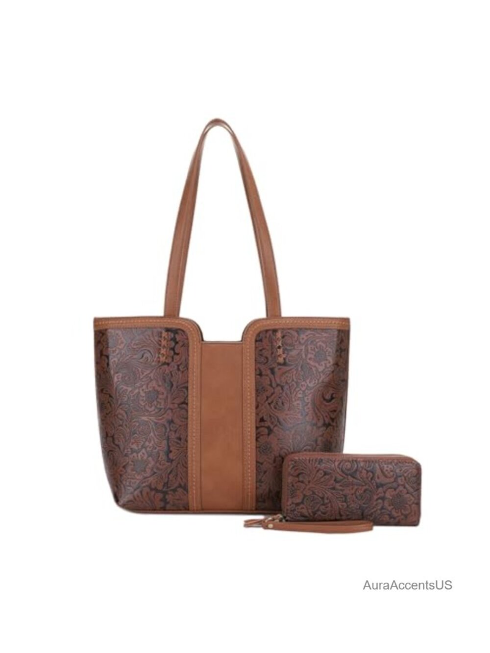 Faux Leather Tooled Concealed Carry Tote Bag with Lock & Key Holster Wallet